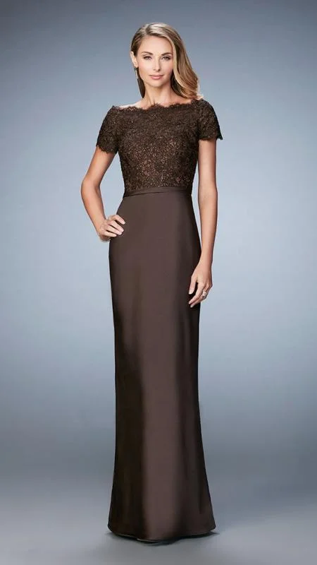 La Femme Beaded Lace Off-Shoulder Gown 21962SC - 1 pc Espresso in Size 10 Available Satin party dresses