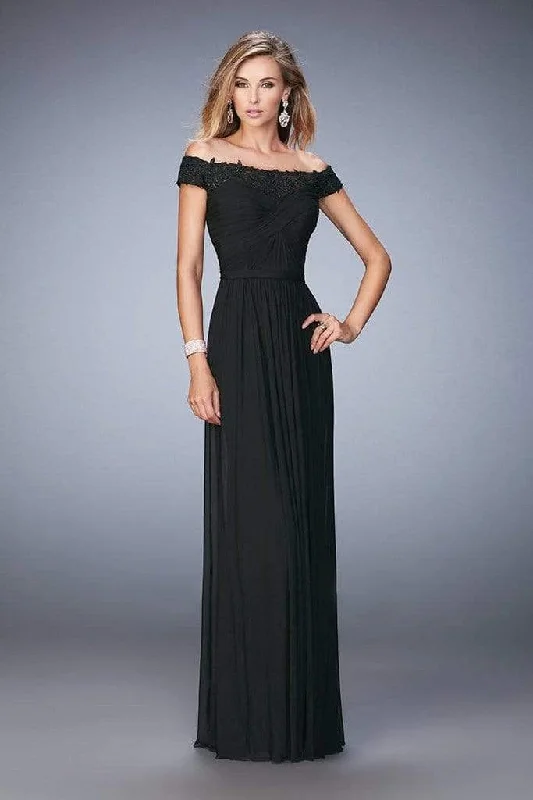 La Femme Ruched Off Shoulder Criss Cross Evening Gown 21979SC - 1 pc Black In Size 2 Available Expensive party dresses