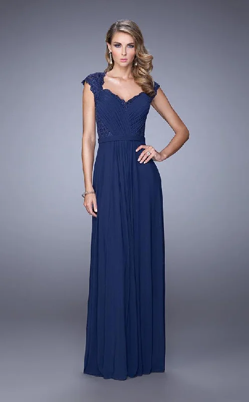 La Femme - Ruched V Neck Cap Sleeves Sheath Long Gown 21685SC - 1 pc Navy In Size 4 Available ASOS party dresses