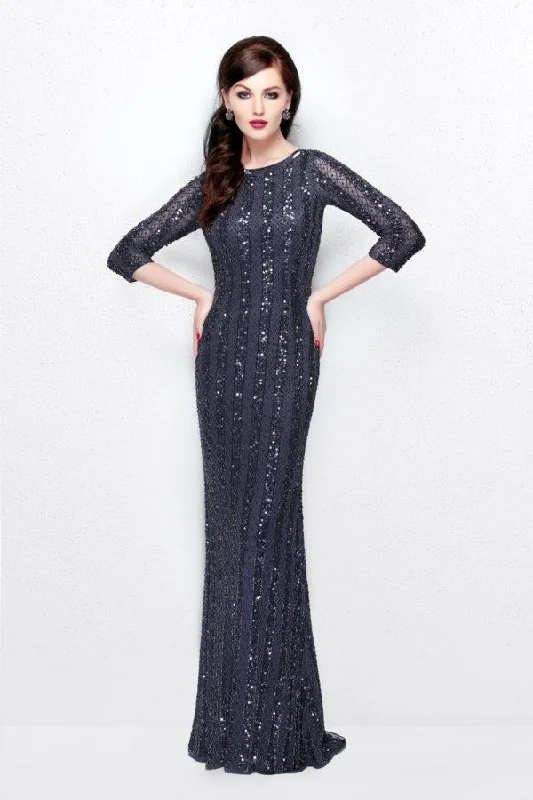 Primavera Couture - 1719 Sheer Quarter Sleeve Embellished Evening Gown - 1 pc Charcoal In Size 2 Available Urban Outfitters party dresses