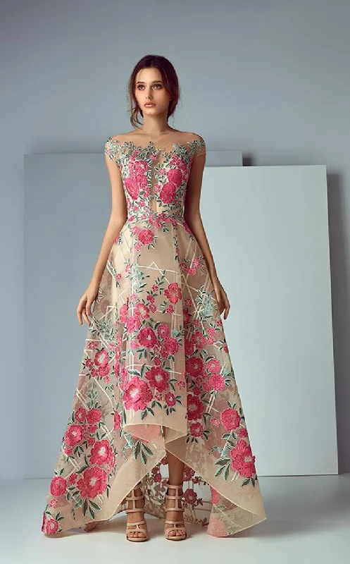 Saiid Kobeisy Illusion Embroidered High Low Gown 3183 Tulle party dresses