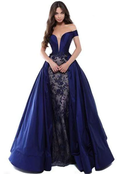 Tarik Ediz - Floral Lace Deep Off-Shoulder Gown With Overskirt 50426 - 1 pc Navy In Size 6 Available H&M party dresses