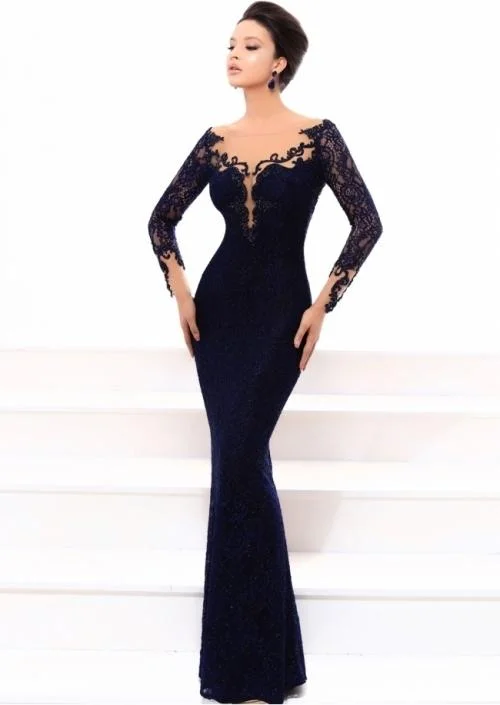 Tarik Ediz Lace Embellished Long Sleeves Evening Gown 93334 - 1 pc Navy In Size 8 Available Boho party dresses