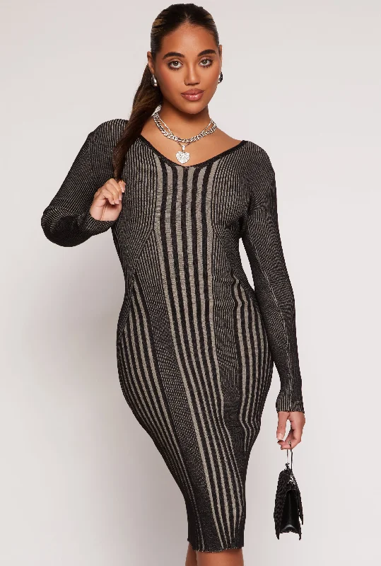 Almost Famous Ribbed Knit Shadow Stripe Midi Sweater Dress Cocktail midi dresses