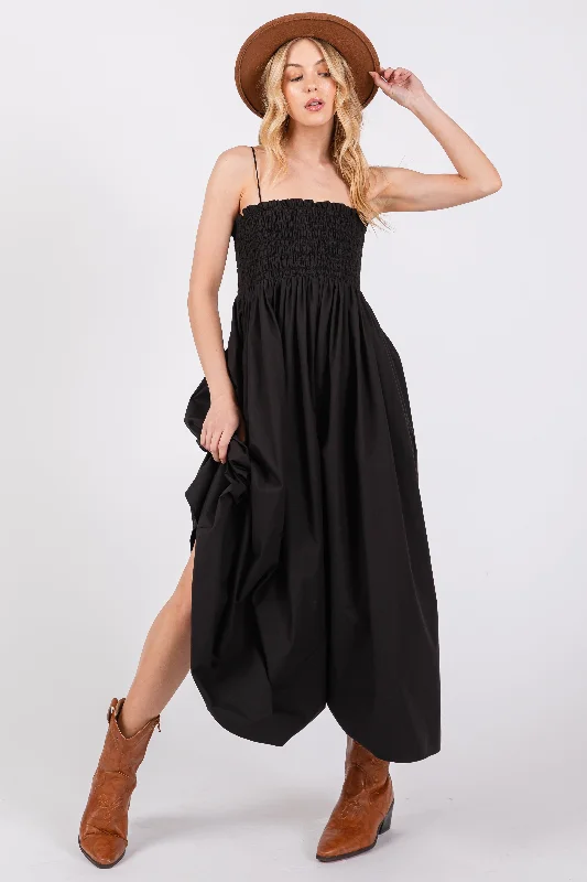 Black Smocked Pocketed Midi Dress Cotton midi dresses