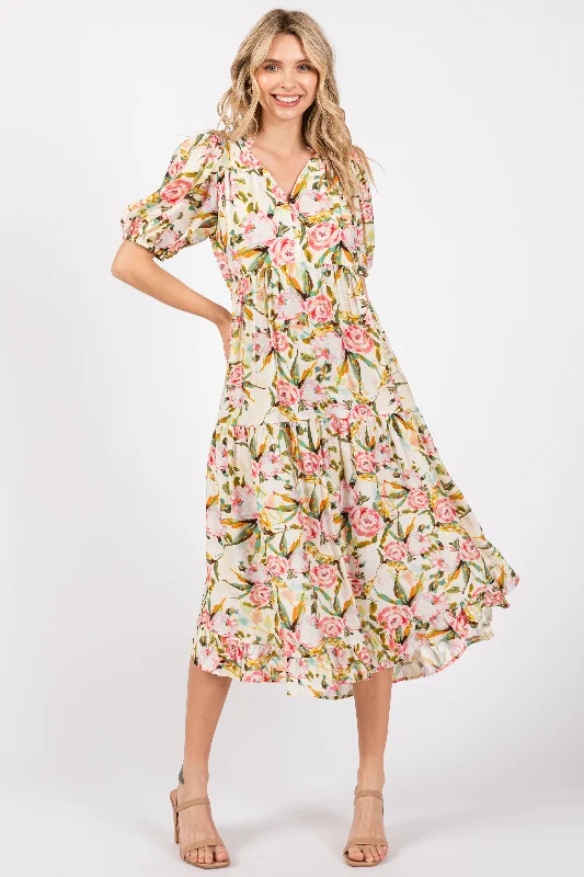 Cream Floral V-Neck Tiered Midi Dress Zara midi dresses