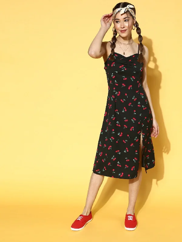 Berrylush Women Black & Red Cherry Printed Sweetheart Neck Straight Hem Slited A-Line Midi Dress Strapless midi dresses