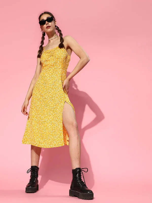 Berrylush Women Yellow & White Floral Printed Sweetheart Neck Straight Hem Slited A-Line Midi Dress Graduation midi dresses