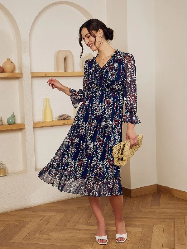 Berrylush Women Navy Blue, White, & Red Floral Printed V-Neck Bishop Sleeves Chiffon Flounce Hem Ruffled A-Line Midi Dress Date night midi dresses