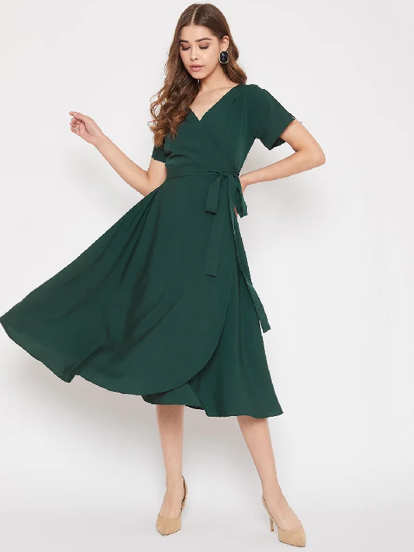 Berrylush Women Solid Green V-Neck Flared Wrap A-Line Midi Dress Sleeveless midi dresses