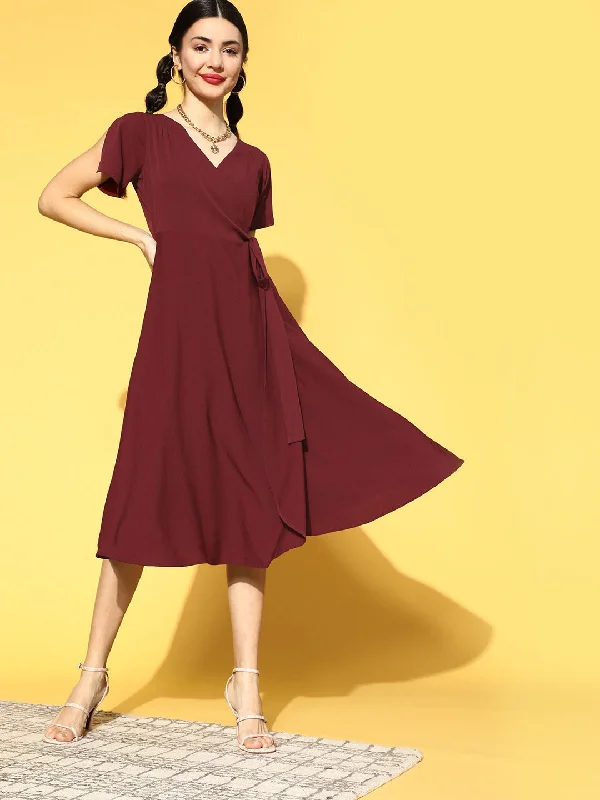 Berrylush Women Solid Maroon V-Neck Slit Sleeve Waist Tie-Up Flared Wrap Midi Dress Chiffon midi dresses