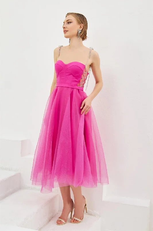 Fuchsia Tulle Strap Princess Midi Promise and Engagement Dress Halter midi dresses