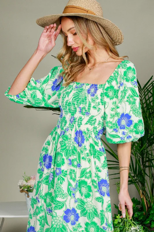 Green Floral Smocked Square Neck Midi Dress Shein midi dresses