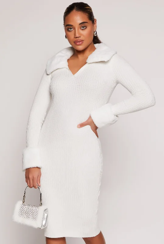 Almost Famous Faux Fur Collar Midi Dress Ruffled midi dresses