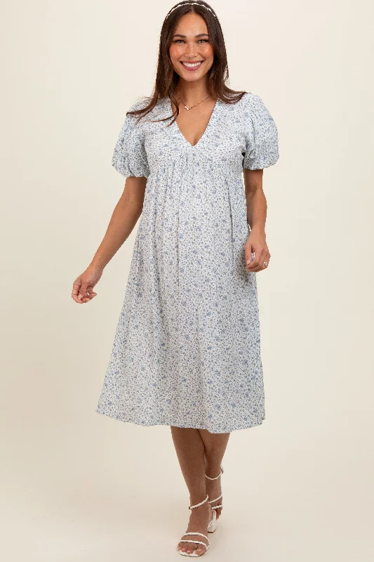 Light Blue Floral Puff Sleeve Maternity Midi Dress Best midi dresses for date night