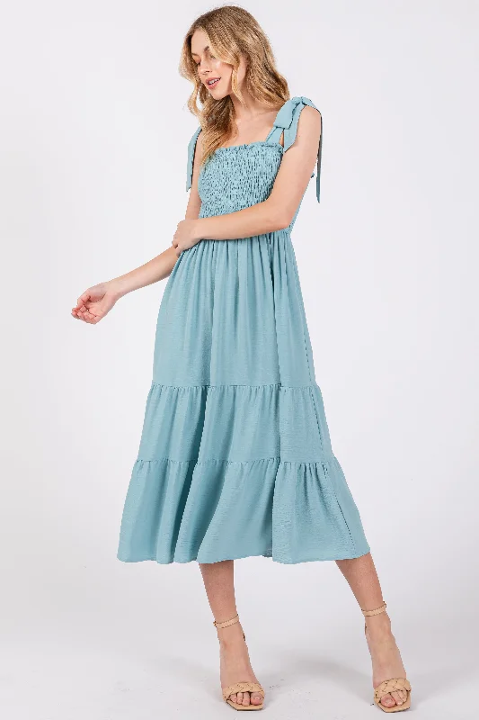 Light Blue Smocked Tie Strap Tiered Midi Dress Women's trendy midi dresses sale