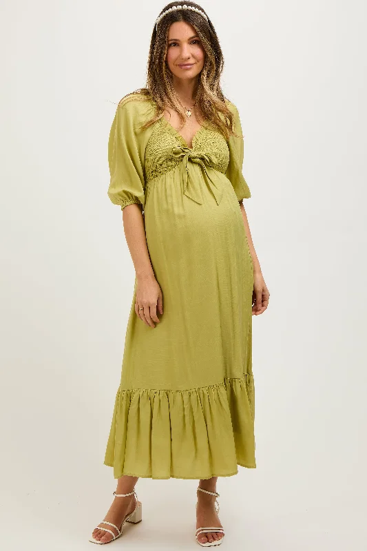 Light Olive Smocked Front Tie Maternity Midi Dress Silk midi dresses