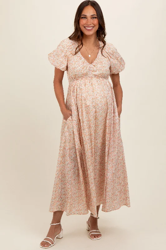 Peach Strawberry Floral Puff Sleeve Maternity Midi Dress Women's midi dresses