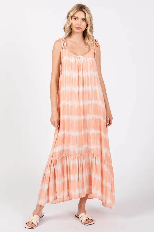 Peach Tie Dye Tie Strap Midi Dress Flowy midi dresses