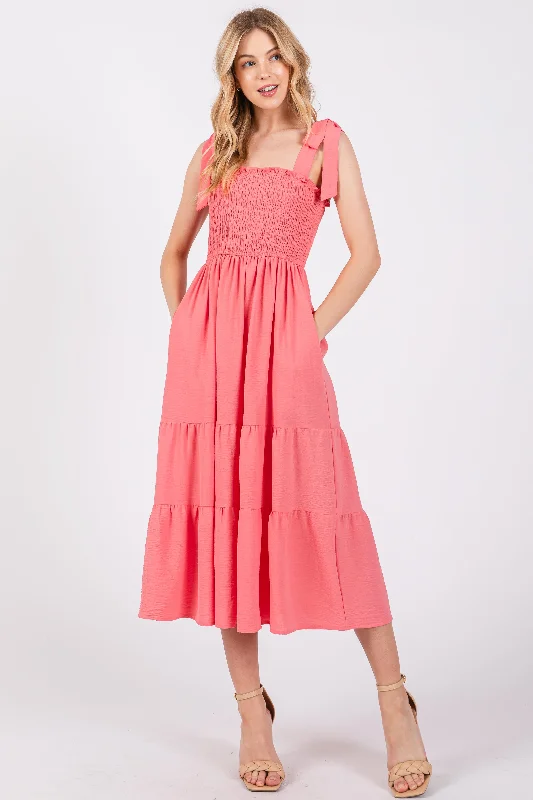 Salmon Smocked Tie Strap Tiered Midi Dress Casual midi dresses