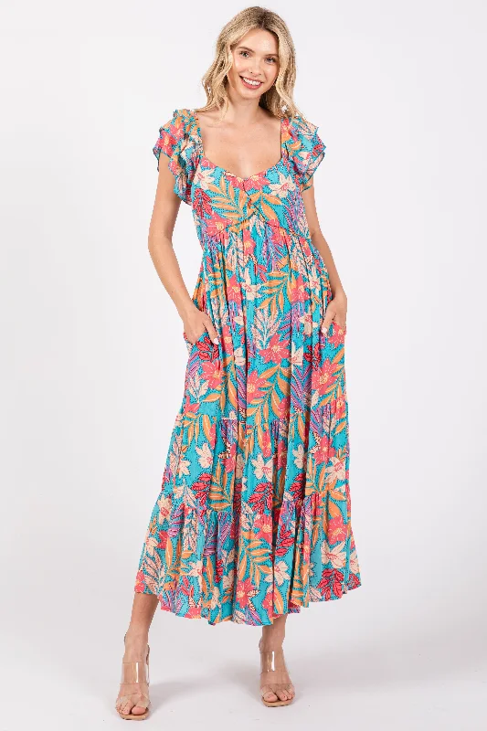 Turquoise Floral Ruffle Sleeve Midi Dress Beach midi dresses