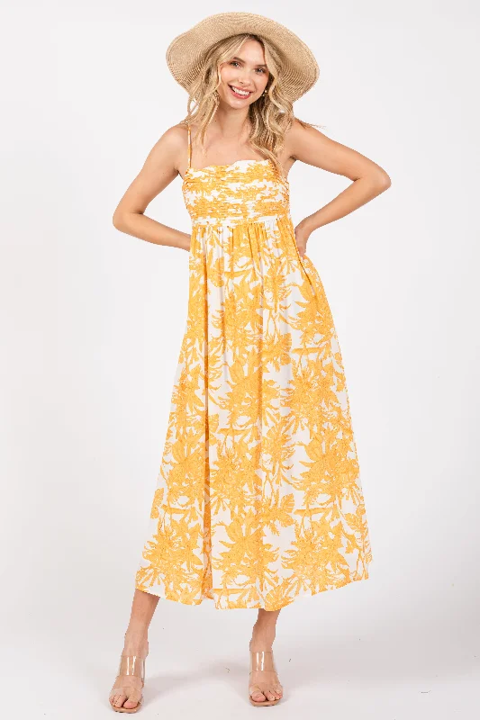 Yellow Floral Pleated Front Back Cut-Out Midi Dress Chic midi dresses