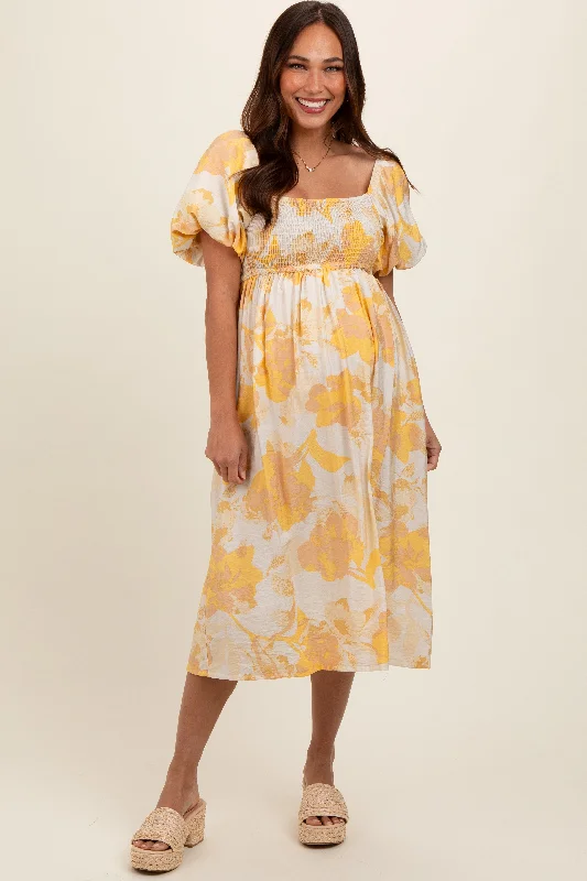 Yellow Floral Square Neck Smocked Short Puff Sleeve Maternity Midi Dress Festival midi dresses