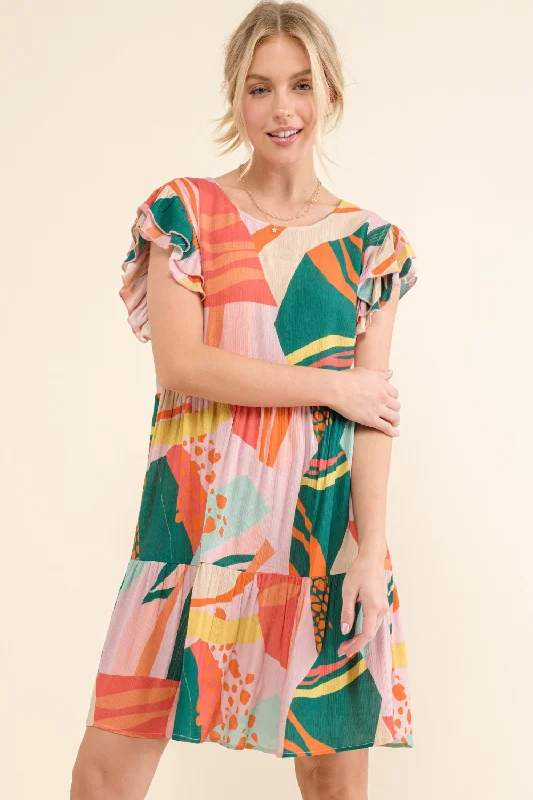 And The Why Printed Double Ruffle Sleeve Dress Knitted floral dresses