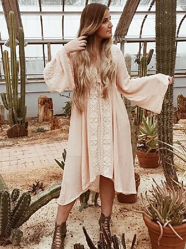 ASHORESHOP Long Beach Dresses Women Tunic Vintage Floral Embroidered Cotton Long Dress vestidos Casual Hippie Boho Asymmetric robe Satin floral dresses