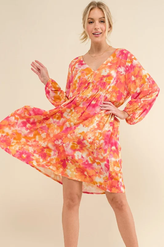 Blue Zone Planet |  And The Why Full Size Printed Tie Back Long Sleeve Dress Cotton floral dresses