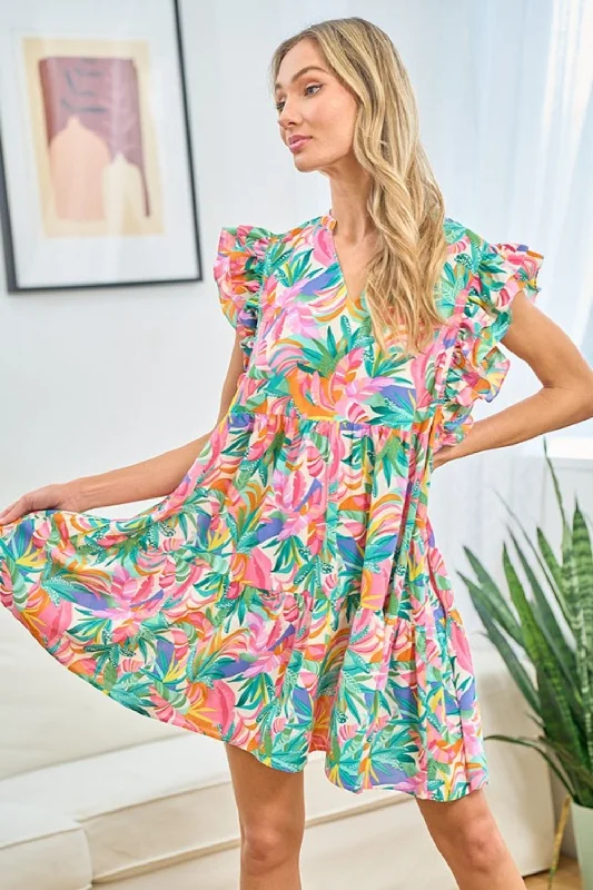 Blue Zone Planet |  First Love Ruffled Printed Notched Cap Sleeve Dress Maxi floral dresses