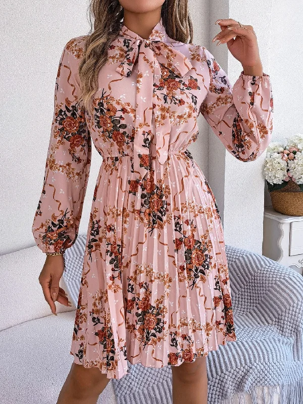 Blue Zone Planet |  Pleated Printed Tie Neck Long Sleeve Dress Best floral dresses for tall women