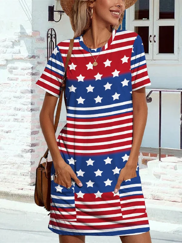 Blue Zone Planet |  Pocketd US Flag Printed Short Sleeve Dress Silk floral dresses