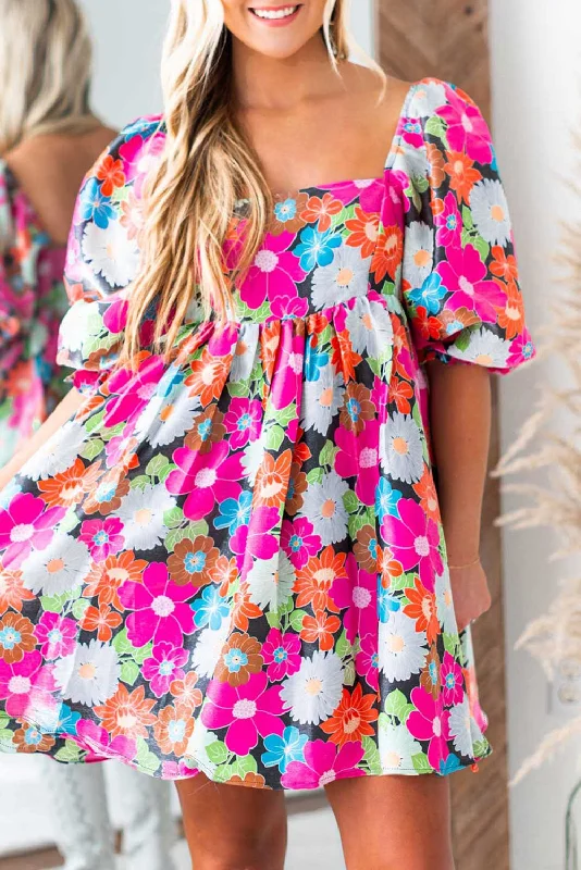 Blue Zone Planet |  Rose Floral Print Square Neck Short Puff Sleeve Dress Cheap floral dresses