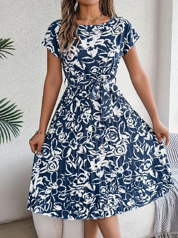 Blue Zone Planet |  Tied Pleated Printed Short Sleeve Dress Best floral dresses for casual outings