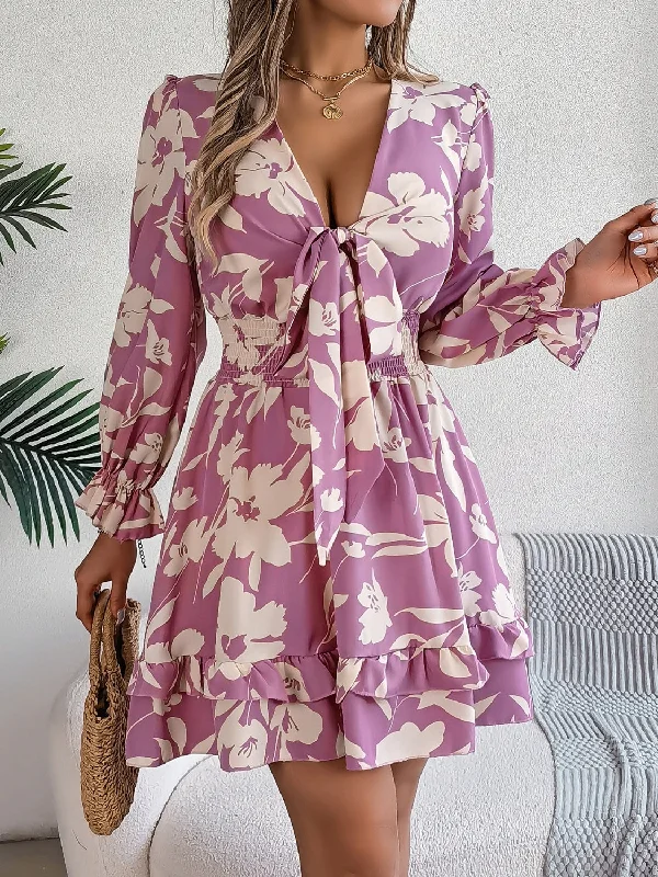 Blue Zone Planet |  Tied Ruffled Printed Long Sleeve Dress Discounted floral dresses