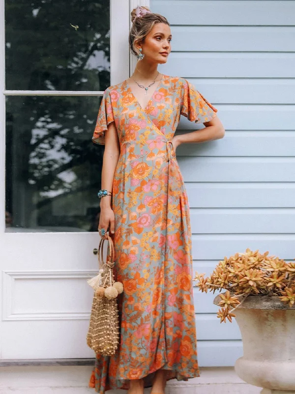 Boho Vintage Floral Print Women Long dress Summer Women's trendy floral dresses sale