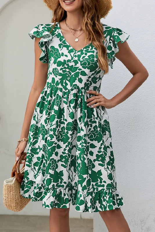 Blue Zone Planet |  Dark Green Leaf Print V Neck Flutter Sleeve Dress Boho floral dresses