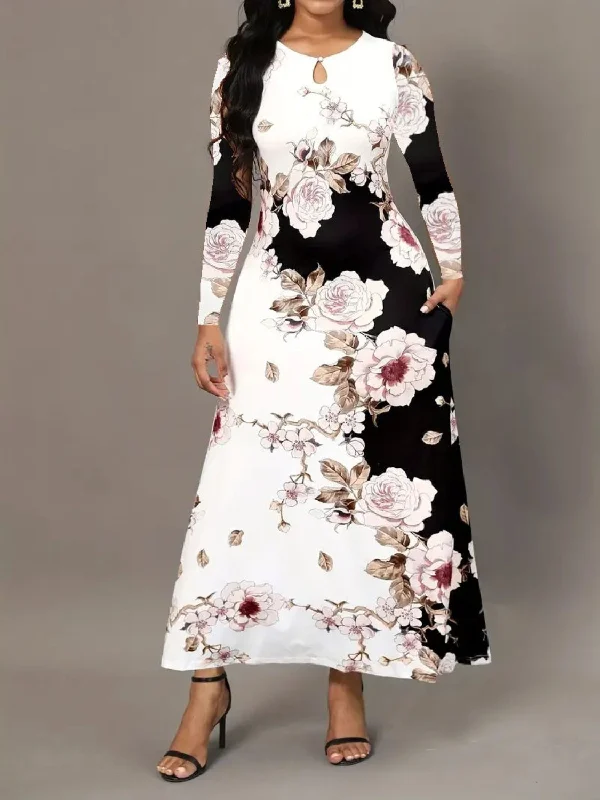 Blue Zone Planet |  Pocketed Printed Long Sleeve Dress Stretchy floral dresses