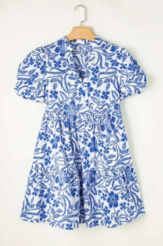 Blue Zone Planet |  Printed Notched Puff Sleeve Dress Flattering floral dresses for all body types