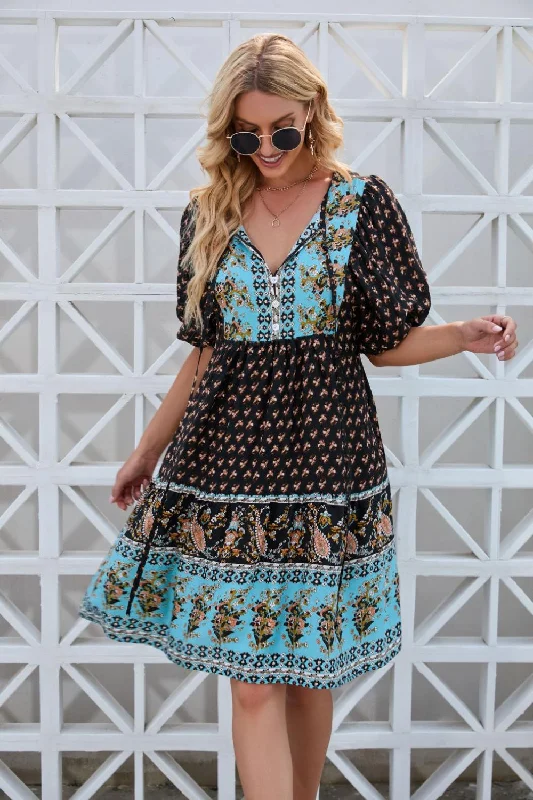 Blue Zone Planet |  Printed Tie Neck Half Sleeve Dress Must-have floral dresses for this season