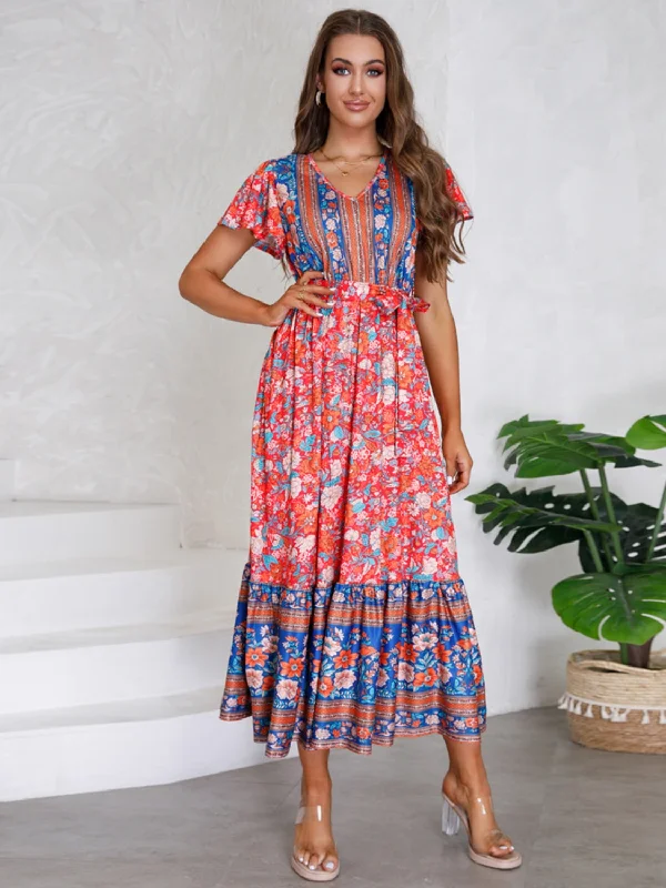 Tied Printed V-Neck Short Sleeve Dress Fashion-forward floral dresses