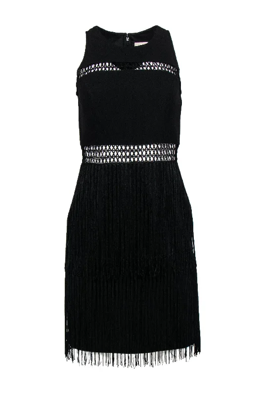 Aidan Mattox - Black Sleeveless Sheath Dress w/ Crochet Trim & Fringe Sz 4 Trendy unclassified dresses