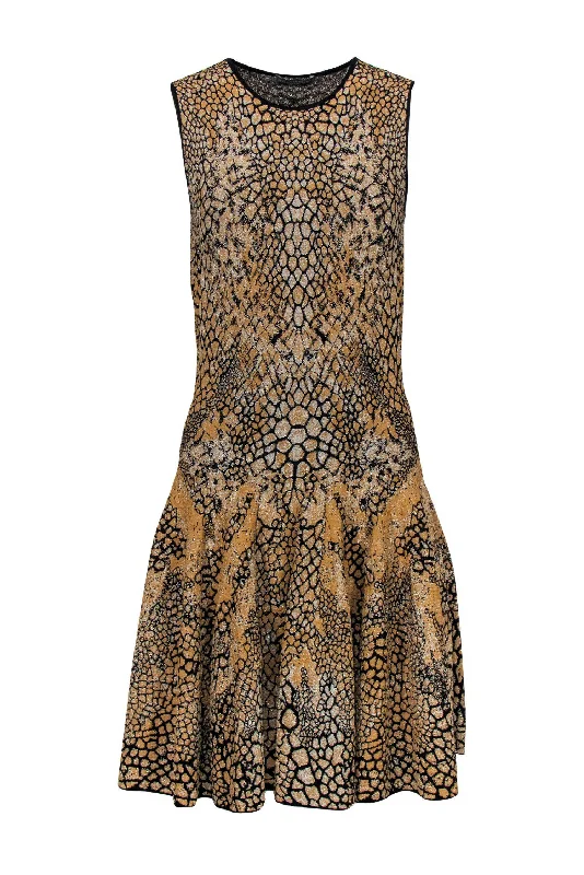 Alexander McQueen - Black & Gold Metallic Flared Snakeskin Knit Dress Sz S Stylish unclassified dresses