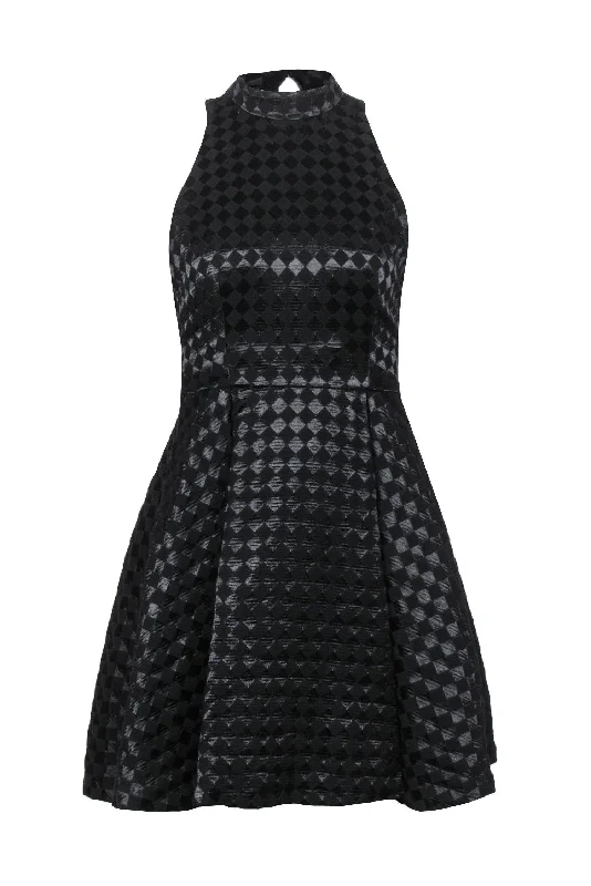 Alice & Olivia - Black Checkered Mock Neck A-Line Dress Sz 0 Neutral tone unclassified dresses