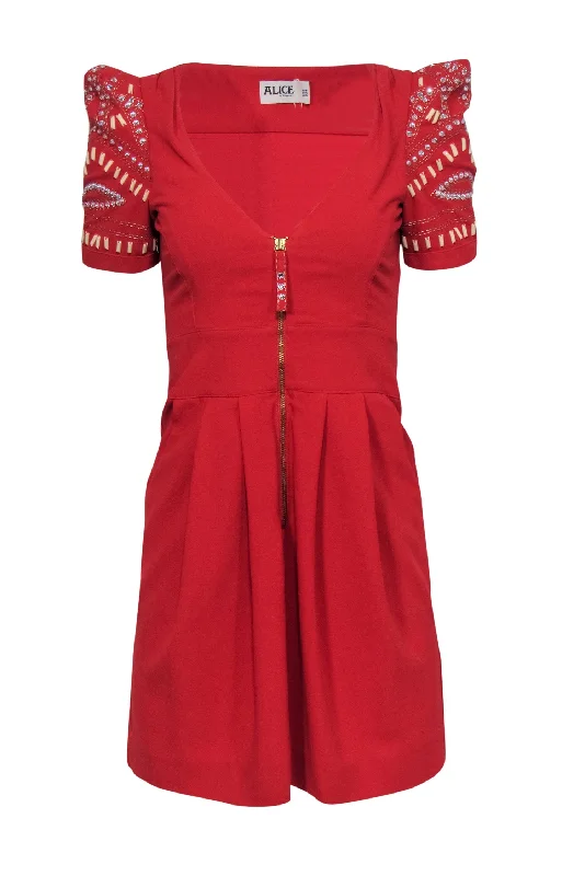 Alice Temperley - Red "Ghana" Sheath Dress w/ Beaded & Jeweled Puff Sleeves Sz 4 High-low unclassified dresses