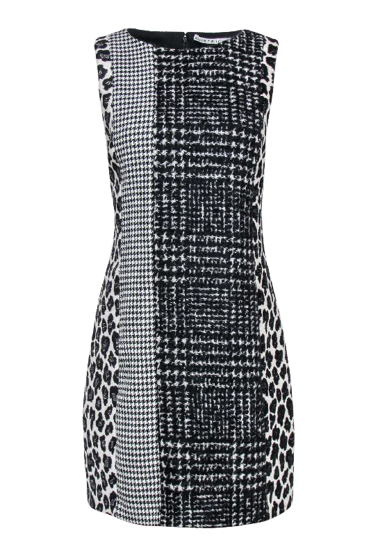 Alice & Olivia - Black & White Houndstooth, Plaid & Leopard Print Shift Dress Sz 10 Printed unclassified dresses