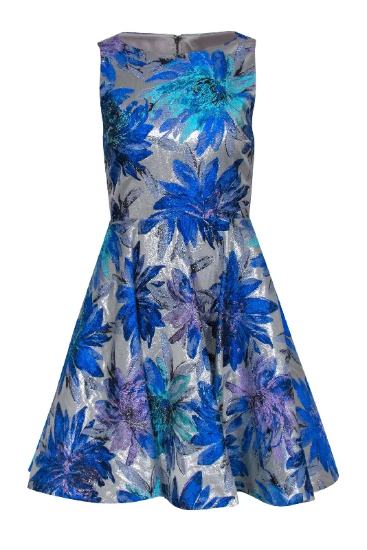 Alice & Olivia - Blue & Silver Metallic Brocade A-Line Dress w/ Open Back Sz 4 Sleeveless unclassified dresses