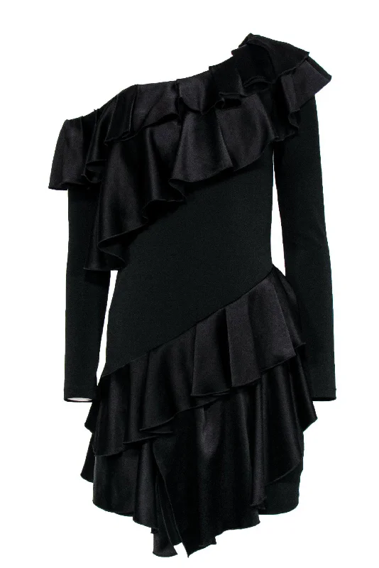 Alice & Olivia - Black Ruffle One Shoulder Ruffle Dress Sz 6 Date night unclassified dresses