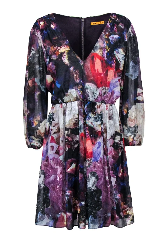 Alice & Olivia - Multicolored Crystal Printed Silk A-Line Dress Sz L Mesh unclassified dresses